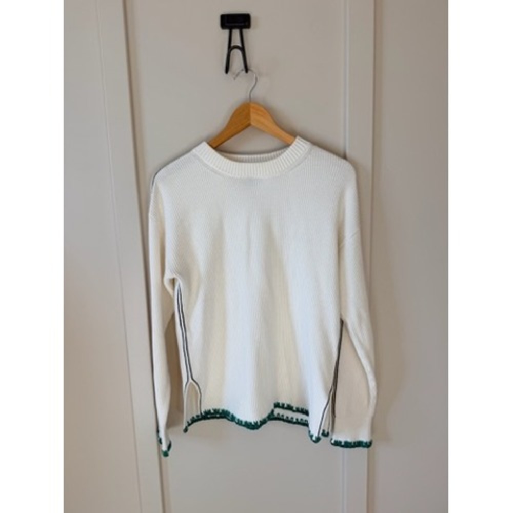 Reiss Cream Ribbed Knit Sweater Green Blanket Stitch cotton Stripe Womens Medium